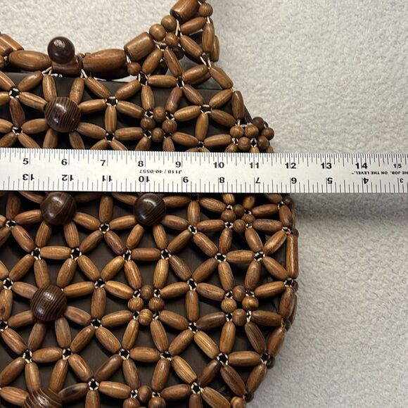 Vintage Wood Beaded Purse Handbag Lined MCM Hippie Floral Boho - Picture 7 of 9